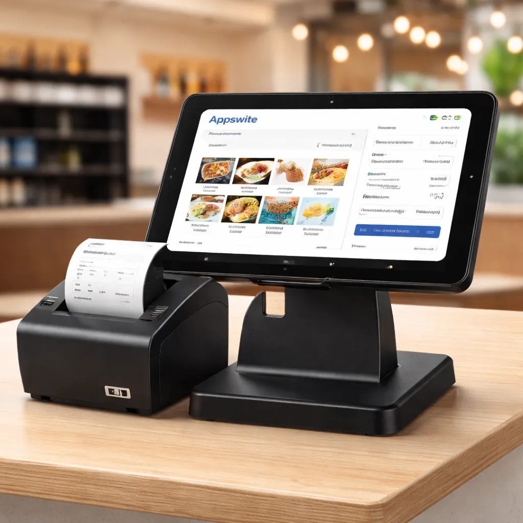 Système POS AppSwite avec imprimante thermique et ticket de commande restaurant